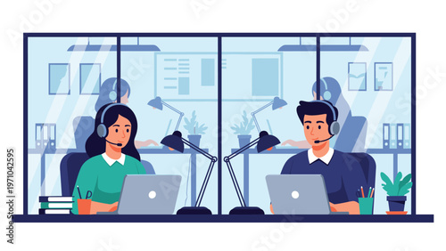 Professional man and woman work diligently in a modern call center wearing headsets while using laptops for customer support in a shared workspace.