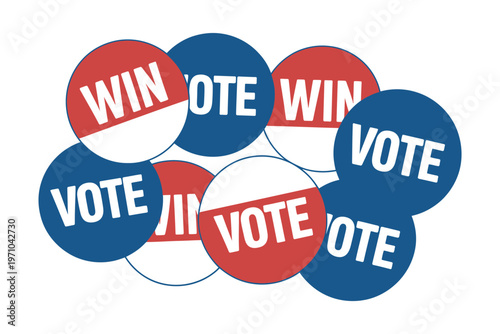 A collection of red, white, and blue circular buttons with the words "VOTE" and "WIN" printed on them, suggesting a political campaign or election.