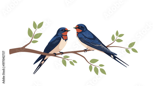 Two beautiful blue and white swallow birds perched on a brown tree branch with green leaves looking at each other.
