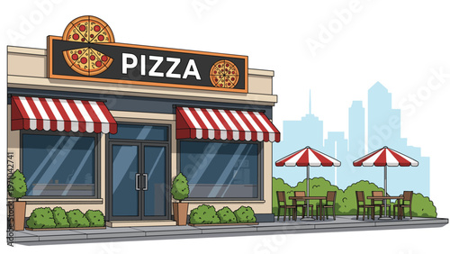 Pizza restaurant building with outdoor seating and umbrellas under a clear city skyline background in vector style.
