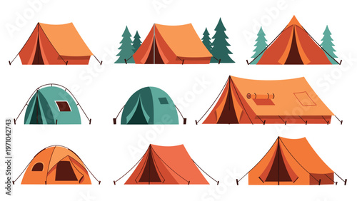 Collection of different camping tent types and shapes including dome and ridge styles set against a white background.