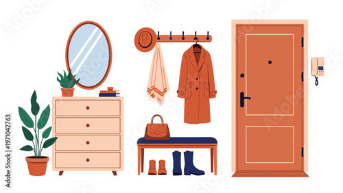 Modern hallway interior with a wooden door, dresser, mirror, coat rack, and various household accessories in a flat style.