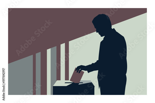 A silhouetted person casts their vote into a ballot box, symbolizing the act of civic participation and the democratic process.