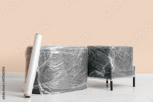 Wrapped poufs with stretch ...