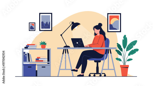 Young woman sitting at her desk and working on a laptop in a cozy home office interior with a plant and bookshelf.