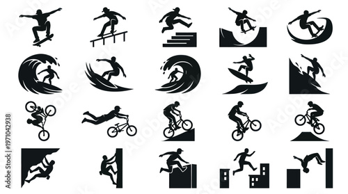 Extreme Sports Action Silhouettes Glyph Icons Collection. Skateboarding, Surfing, BMX, Climbing, Parkour