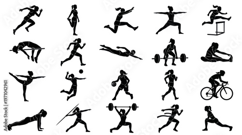 Women Sports Fitness Athletes Silhouettes Icon Set: Exercise and Training Collection