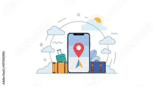 Smartphone displaying a map and a red pin for navigation surrounded by suitcases and clouds for a travel concept.