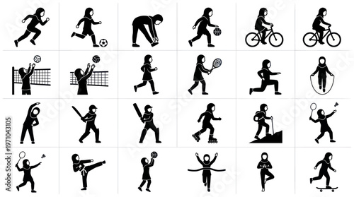 Muslim Women Sports Icons Collection - Black Glyphs of Active Hijabi Lifestyle
