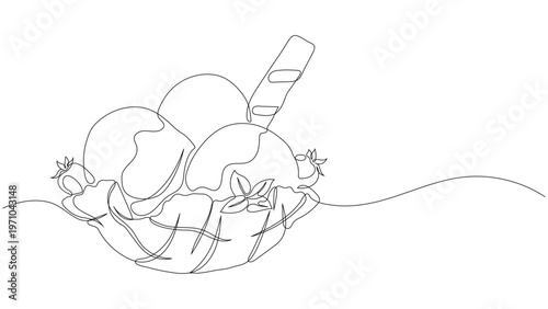 Continuous line drawing of an ice cream waffle bowl with wafer stick and strawberries. Minimalist summer dessert illustration. Editable stroke.