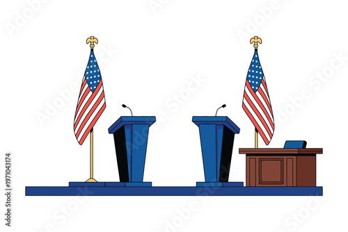 Two podiums are set up on a stage with American flags, ready for a political debate or presidential election event.