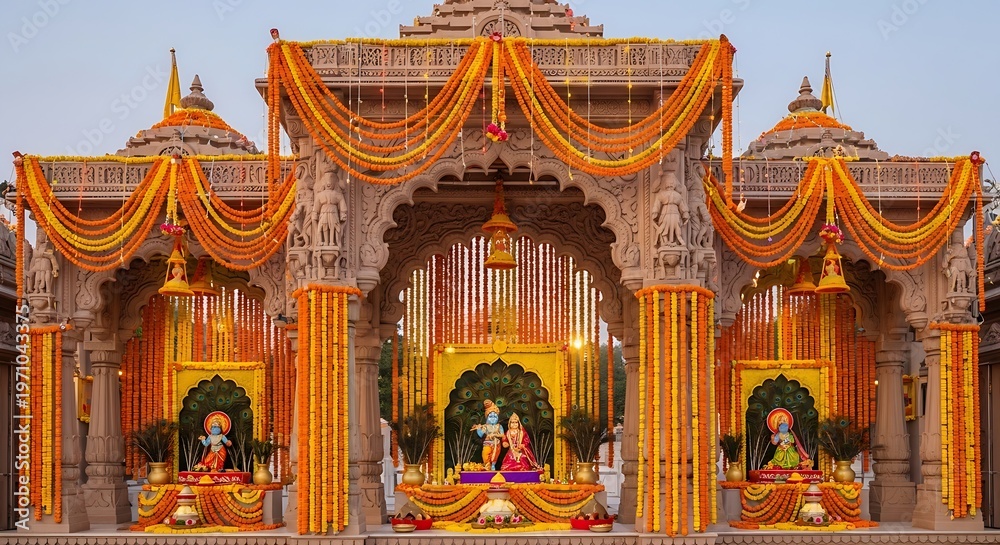 Obraz premium Hindu Temple Decorated with Marigold Flowers for Krishna Janmashtami