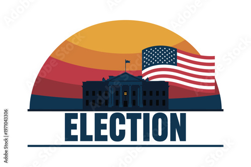 A stylized illustration of the White House and the American flag set against a sunset backdrop, symbolizing a political election and the democratic process.