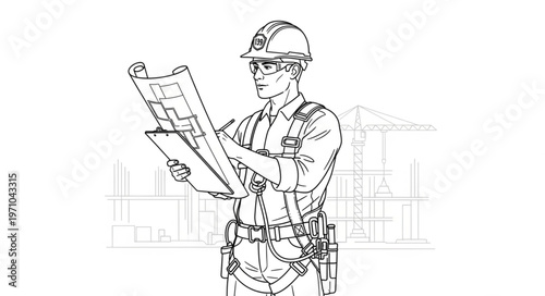 Construction worker reviewing blueprints on a building site.