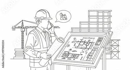 Construction worker reviewing blueprints on a site.