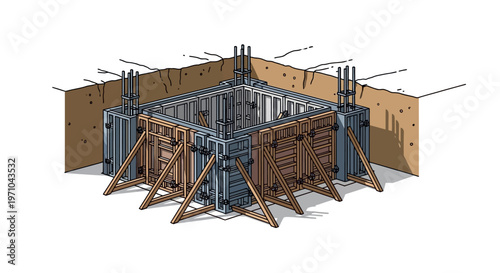 Isometric Architectural Illustration of Building Foundation Formwork and Rebar Structure in Excavation Trench