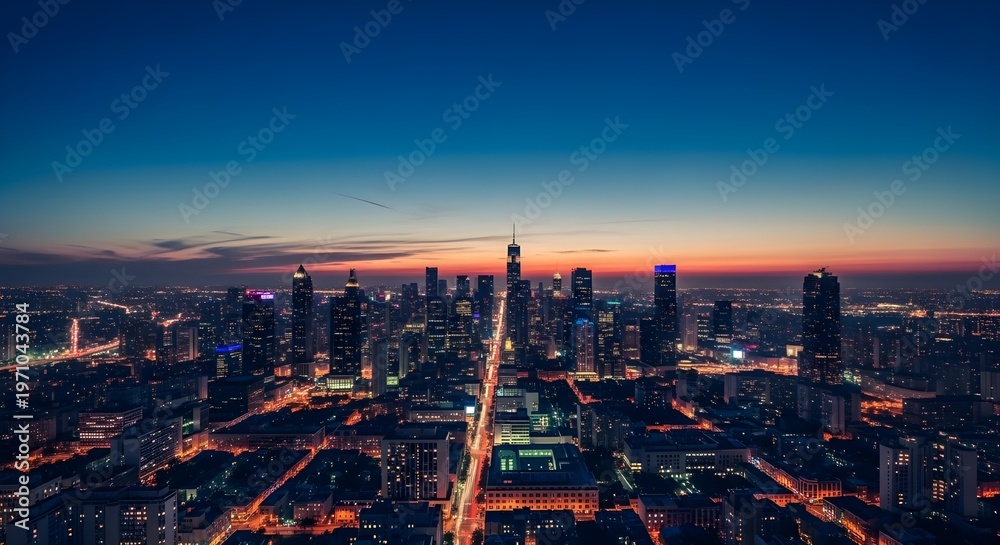 Fototapeta premium Aerial view of a vibrant cityscape at dusk with illuminated skyscrapers