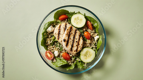 A delicious and healthy grilled chicken quinoa salad is presented in a clear bowl on a green background
