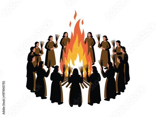 A group of people gathered around a burning fire outdoors