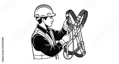 Construction worker inspecting safety harness for fall protection.