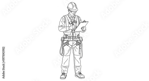 Construction worker meticulously reviewing blueprints and documentation on site.