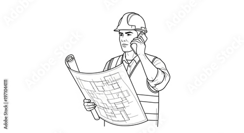 Construction worker on phone reviewing blueprints.