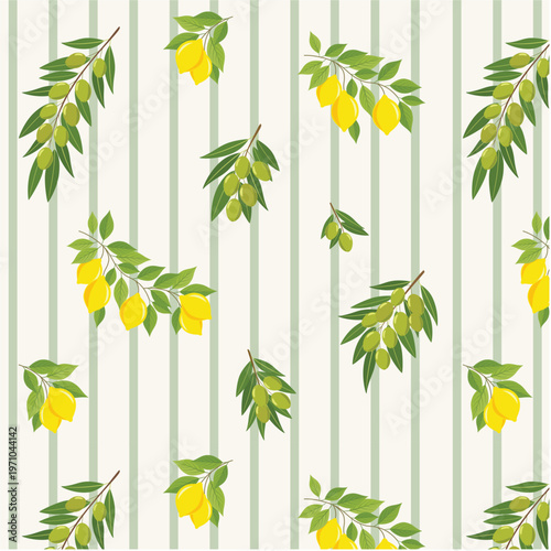 Elegant Lemon Branch Stripe Pattern with Green Leaves Mediterranean Botanical Design for Textile Wallpaper Table Linen and Wrapping Paper