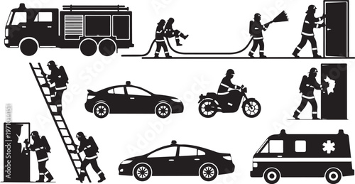 firefighter rescue emergency action silhouette set black vector