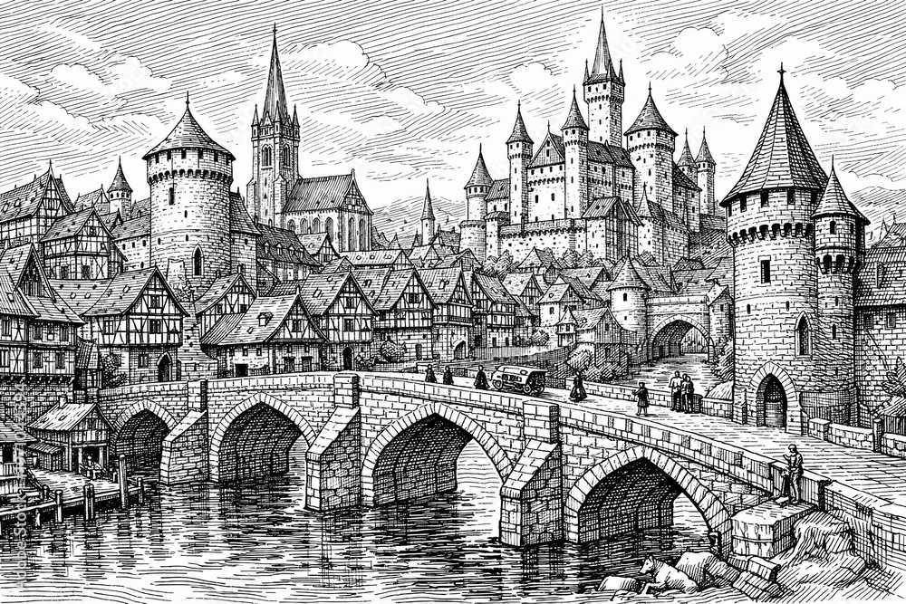 Fototapeta premium Highly detailed black and white line art illustration of a medieval European city with castle, bridge and traditional houses, inspired by historical architecture.