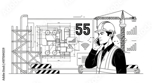 Construction worker on phone with blueprint and crane.