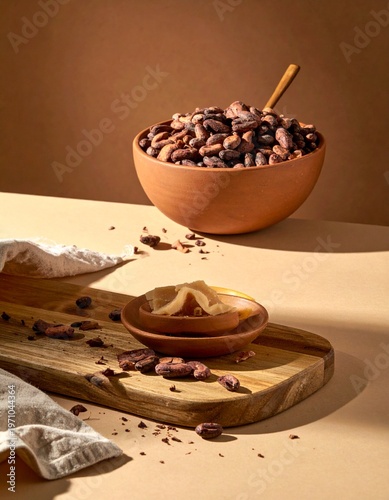 Cacao Beans and Nibs Flat Lay with Copy Space