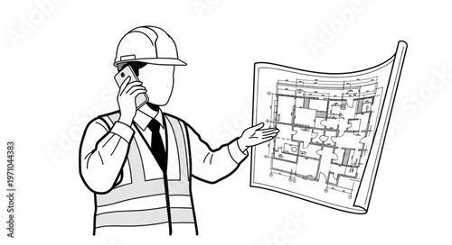 Construction worker on phone with blueprint.