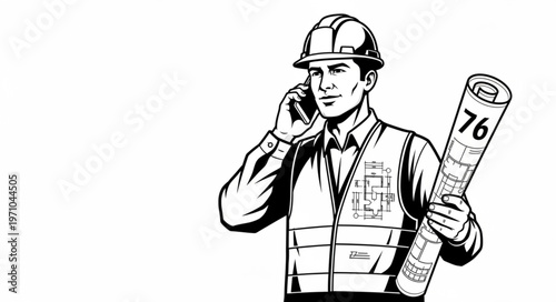 Construction worker on phone with blueprints.