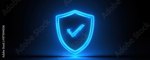 A glowing blue neon shield with a checkmark symbolizes security, protection, and trust in a digital context against a dark background.