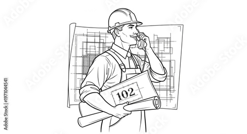 Construction worker on phone with blueprints.