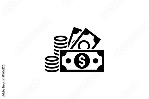 A black and white illustration of money and coins stacked together
