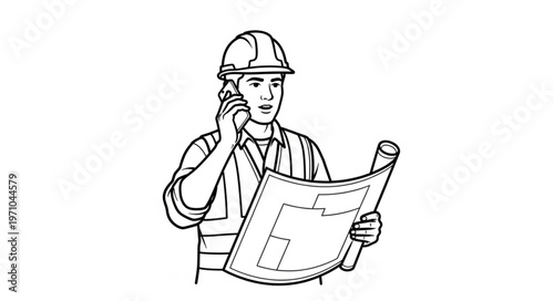 Construction worker on phone with blueprints.