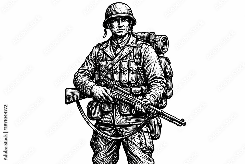 Fototapeta premium Detailed black and white line art illustration of a soldier with gear and rifle, inspired by historical military themes and vintage engraving style.