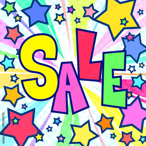 SALE文字入りの賑やかな集中線背景。カラフルな星が飛び出すポップなセールバナー。正方形素材