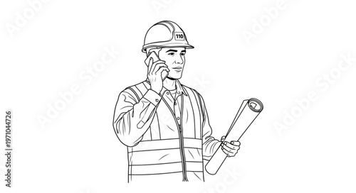 Construction worker on phone with blueprints.