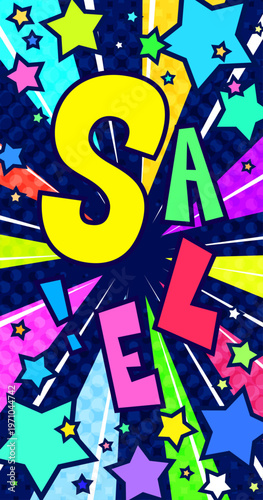 SALE文字入りの賑やかな集中線背景。カラフルな星が飛び出すポップなセールバナー。縦型スマホ用素材