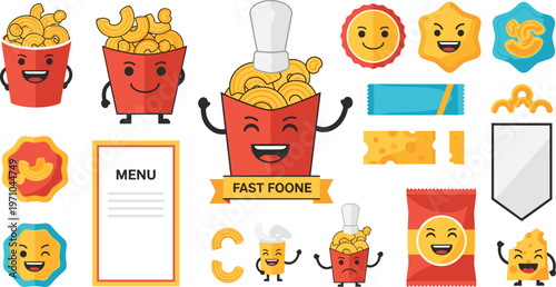 Cute Fast Food Pasta Characters Collection with Smiling Cartoon Snacks, Menu Elements and Packaging Design for Kids Restaurant Branding Illustration