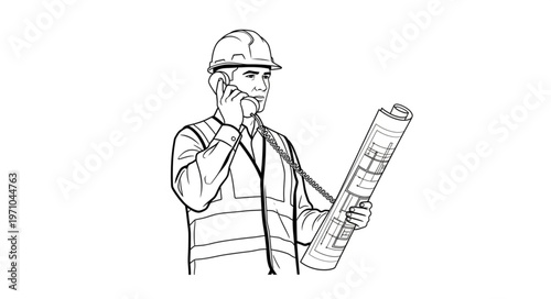 Construction worker on phone with blueprints.