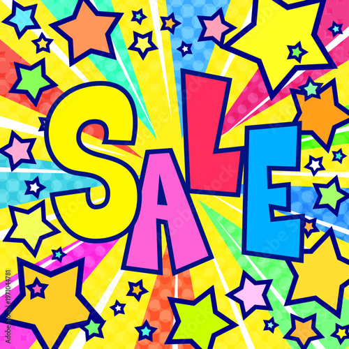 SALE文字入りの賑やかな集中線背景。カラフルな星が飛び出すポップなセールバナー。正方形素材