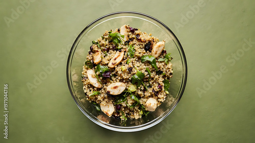 A delicious and healthy grilled chicken quinoa salad is presented in a clear bowl on a green background
