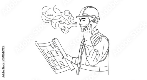 Construction worker on phone with blueprints.
