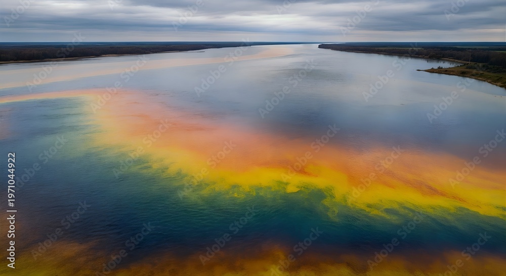 Fototapeta premium Colorful oil pollution on water surface forming rainbow sheen effect. 