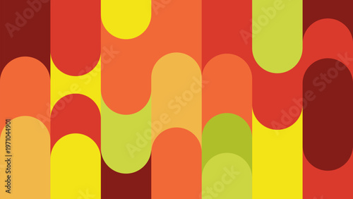Abstract geometric background with rounded vertical shapes and capsules in warm colors like red orange yellow and green, perfect for modern minimalist wallpaper designs.