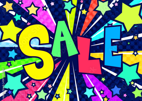 SALE文字入りの賑やかな集中線背景。カラフルな星が飛び出すポップなセールバナー。4:3素材