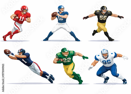 077-42-Six football players illustrating different offensive and defensive poses in action